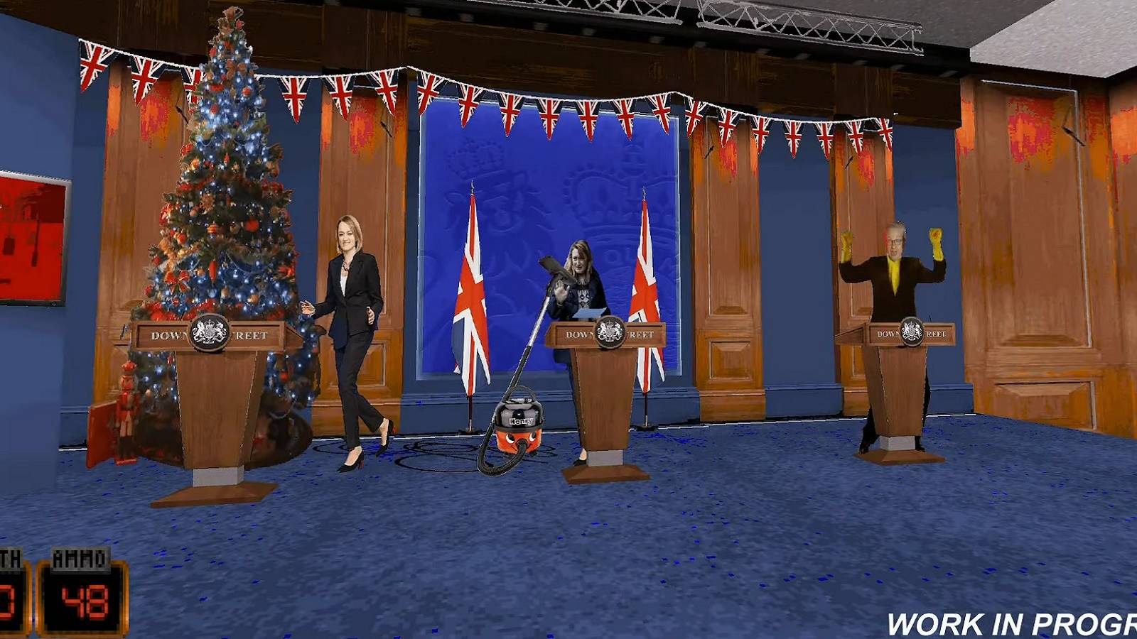 Duke Nuken 3D mod showing a UK political rally with the Unuin Jack in the background.