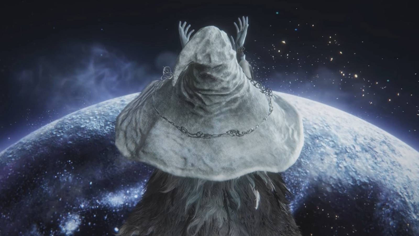 Ranni raising her hands to the moon and stars in Elden Ring's Age of the Stars ending.