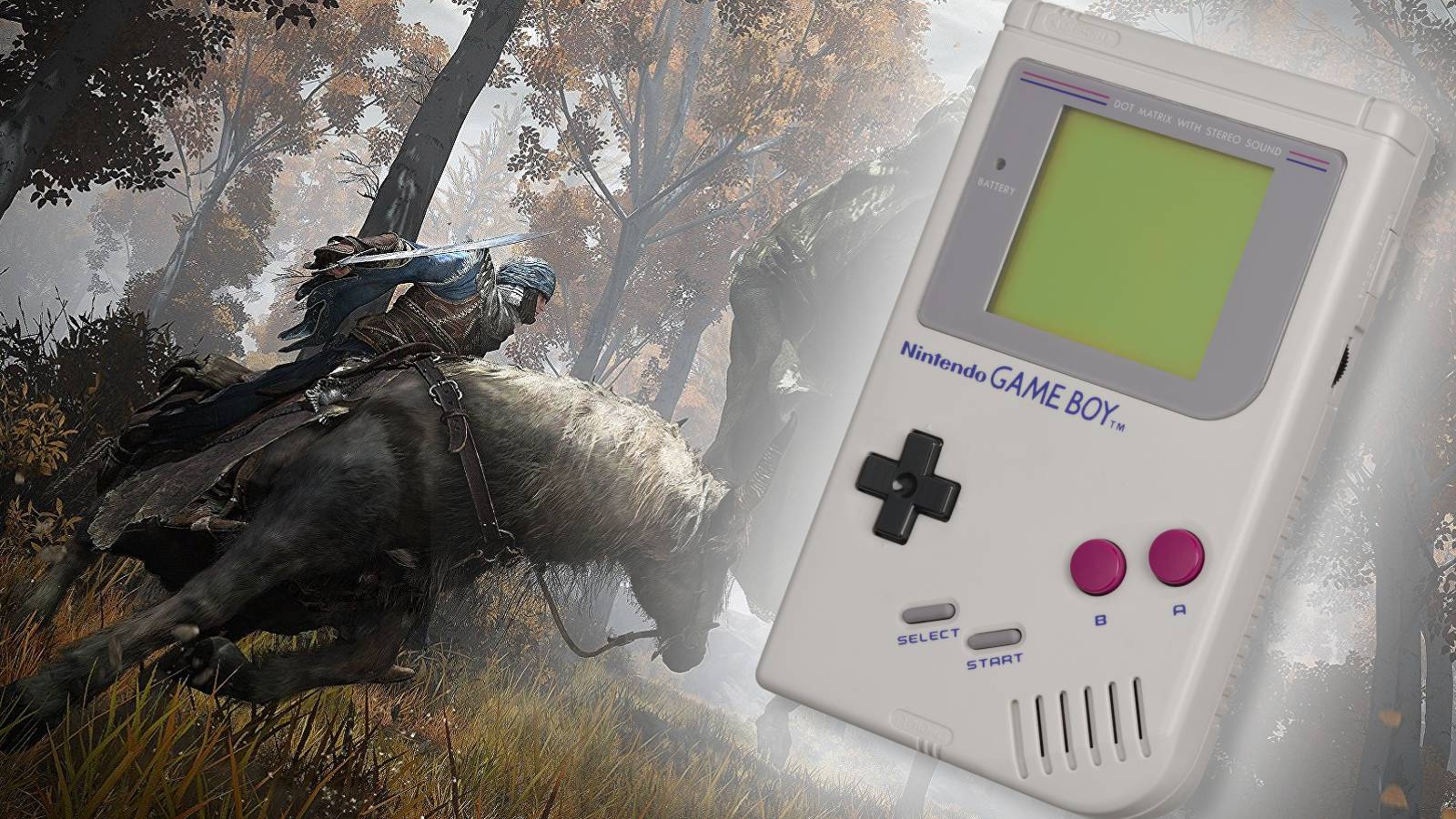 An image from Elden Ring with a giant Nintendo Game Boy glowing to one side.