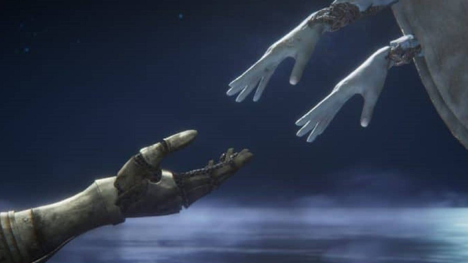 elden ring hands reaching out for each other.
