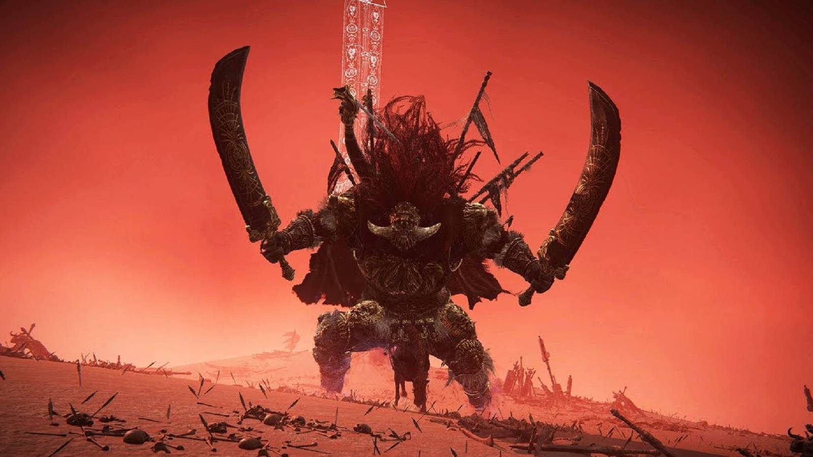 Radahn from Elden Ring riding his horse with his blades raised, against a glowing red sky,