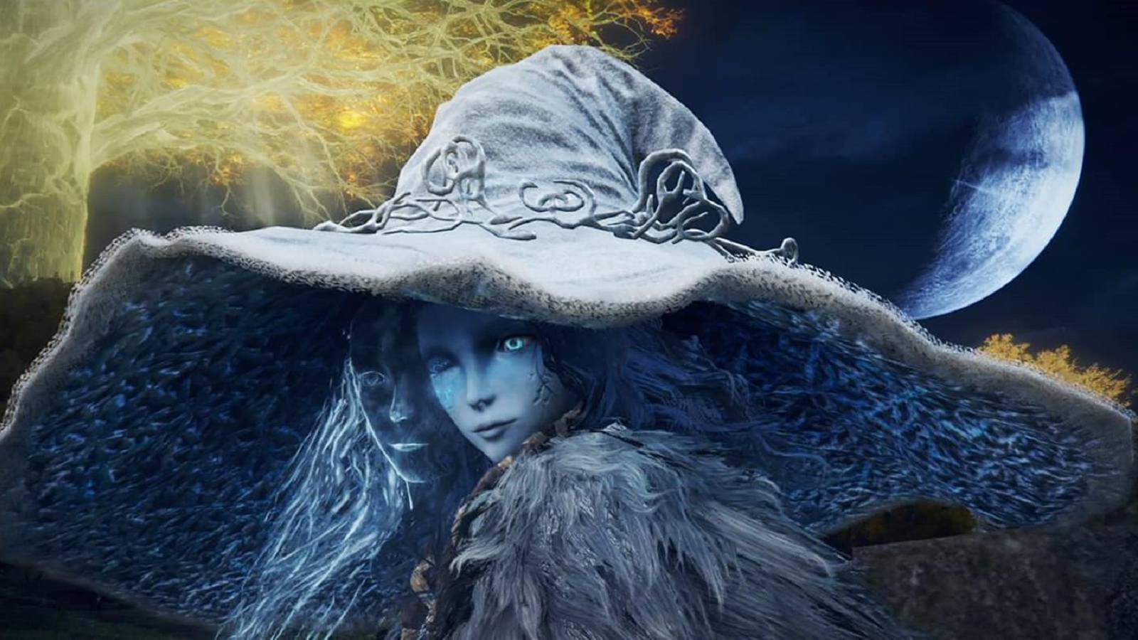 Ranni the Witch from Elden Ring standing near the Erdtree, looking over her shoulder at the camera.