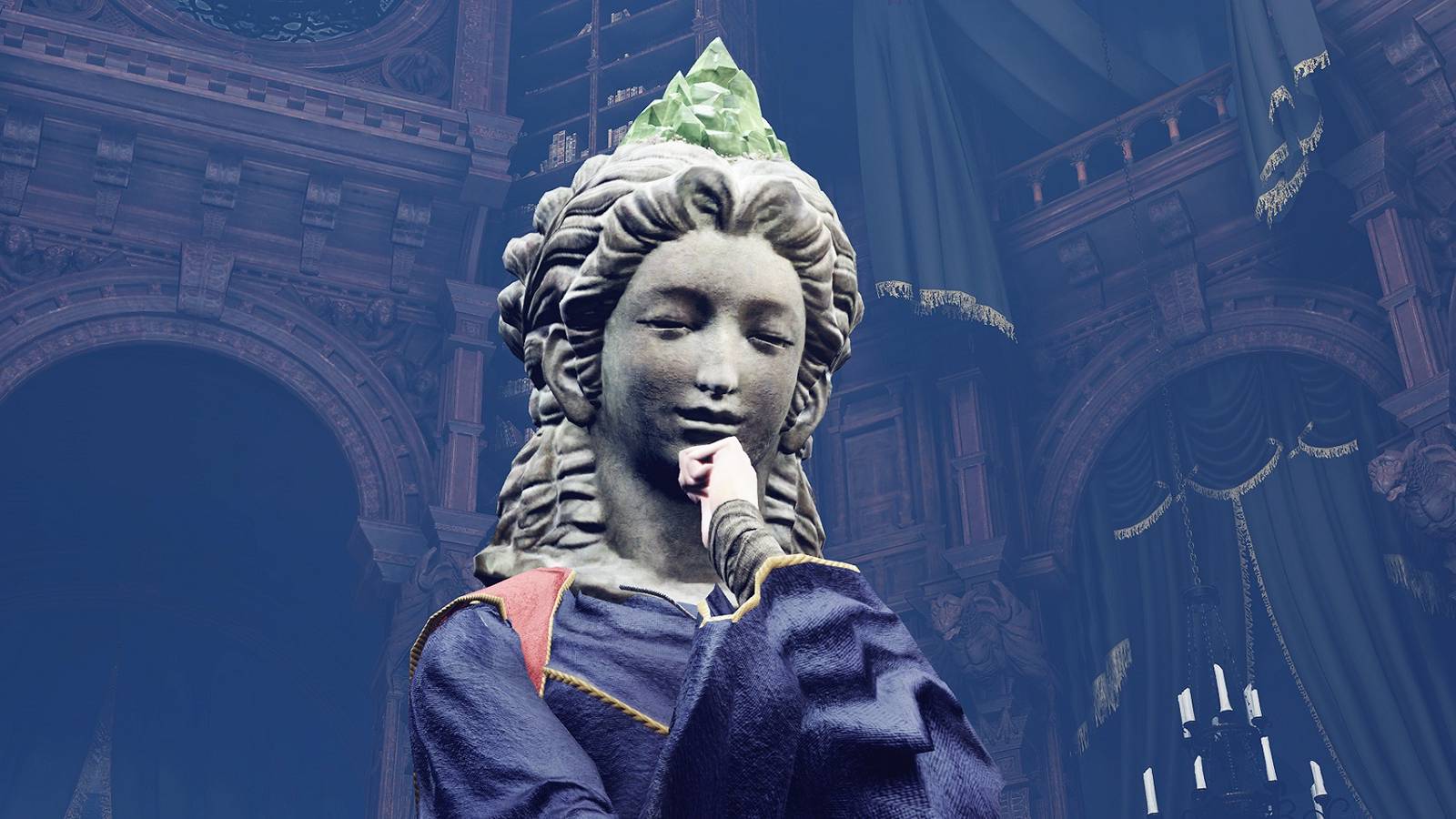 Sorceress Sellen of Elden Ring with her right fist pressed to her masked face's chin.