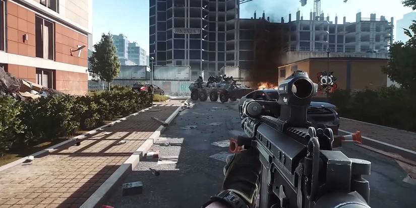 Screenshot from Escape From Tarkov showing a tank in the distance.