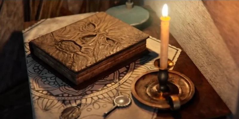 The Necronomicon, a leathery book with a face carved in its cover, sits beside a wax candle atop a bedside stand.