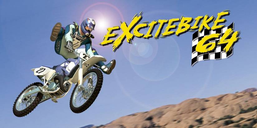 Biker doing a tricky next to the Excitebike 64 logo
