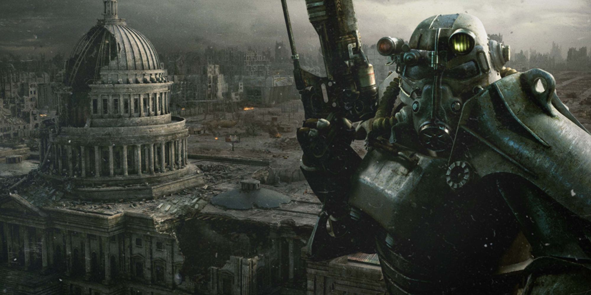 Человек в силовой броне стоит над развалинами Вашингтона, округ Колумбия.