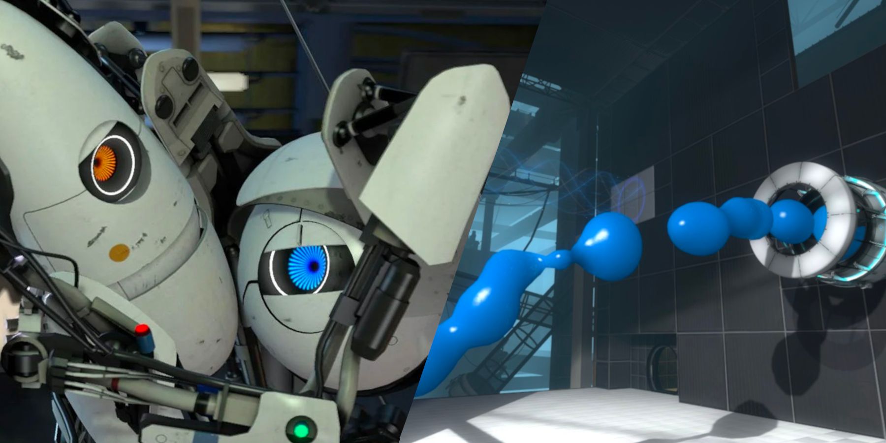 On the left: two robots, P-body and Atlas, hug each other and quiver with fear. On the right: Repulsion Gel, a thick blue liquid, shoots out of a wall in a bland, metallic test chamber.
