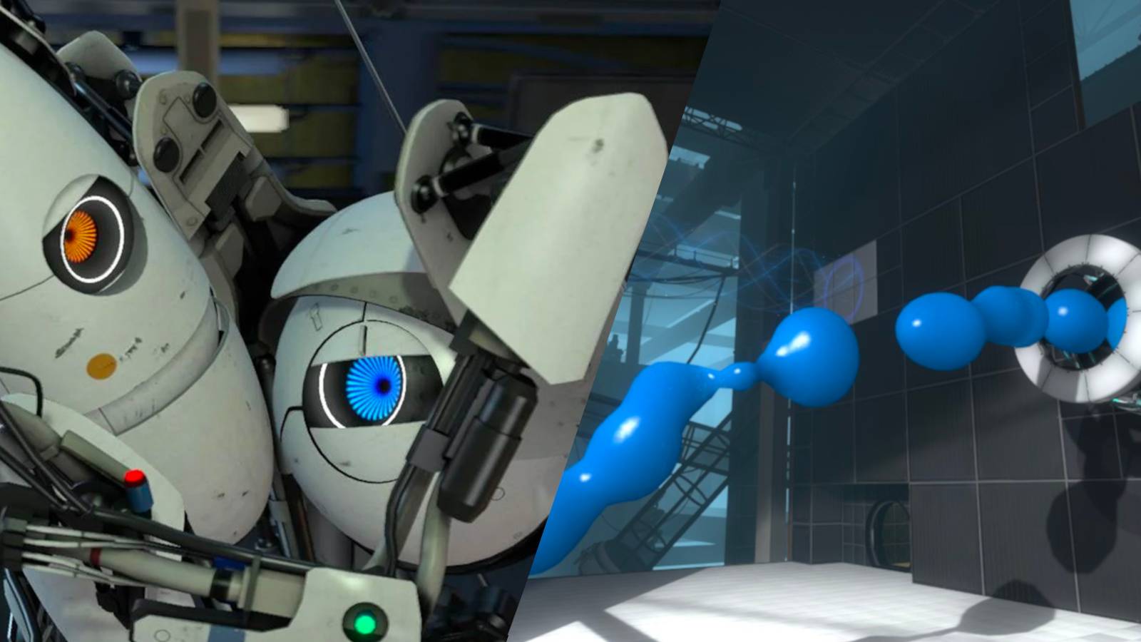 On the left: two robots, P-body and Atlas, hug each other and quiver with fear. On the right: Repulsion Gel, a thick blue liquid, shoots out of a wall in a bland, metallic test chamber.