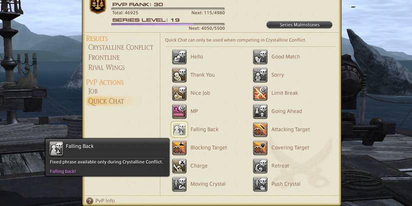 the window is displaying the quick chat options to be used during a crystalline conflict match, in particular the falling back chat button in final fantasy 14
