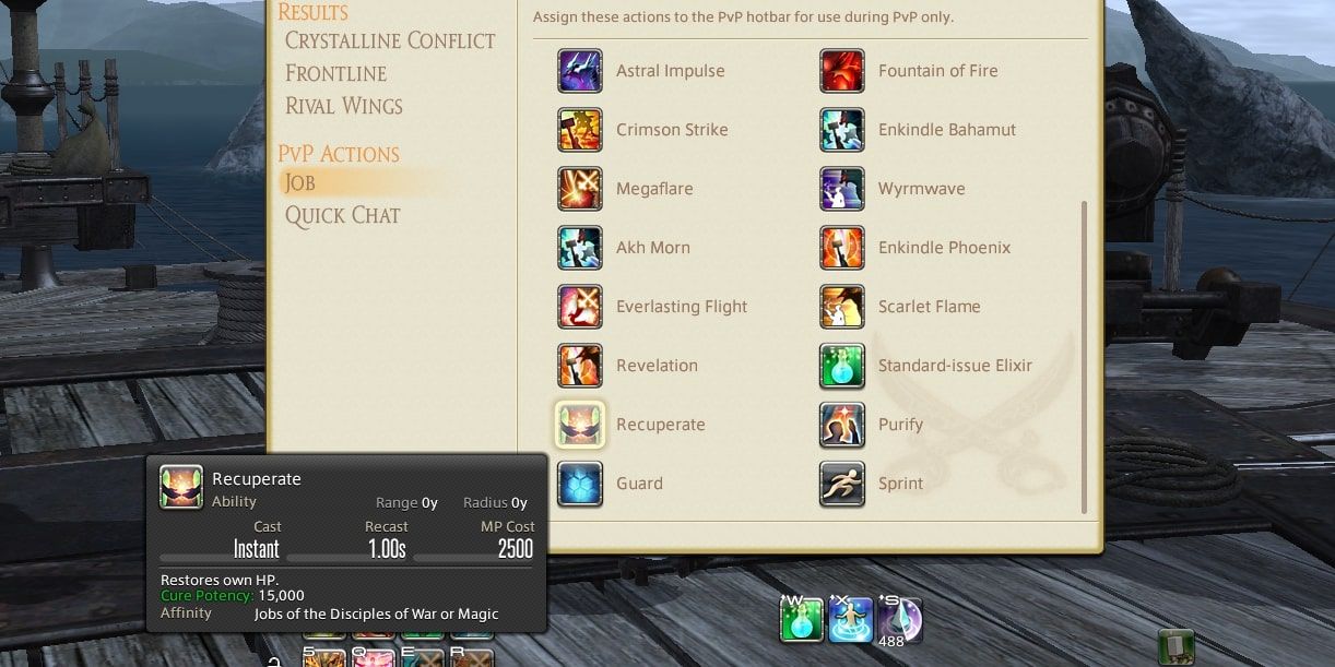 the window is displaying the defensive abilities that can be used during player versus player matches, in particular the ability recuperate is being shown in final fantasy 14