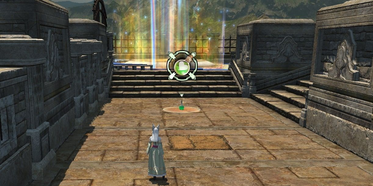 the player is standing close to a medicine kit that can be found in a match of crystalline conflict, a player versus player mode in final fantasy 14