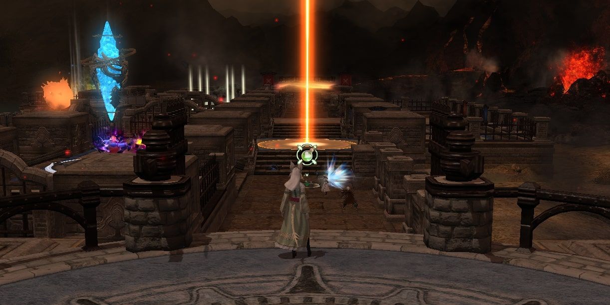 the player is stood at the respawn location at the team base getting ready to get back into the battle in final fantasy 14