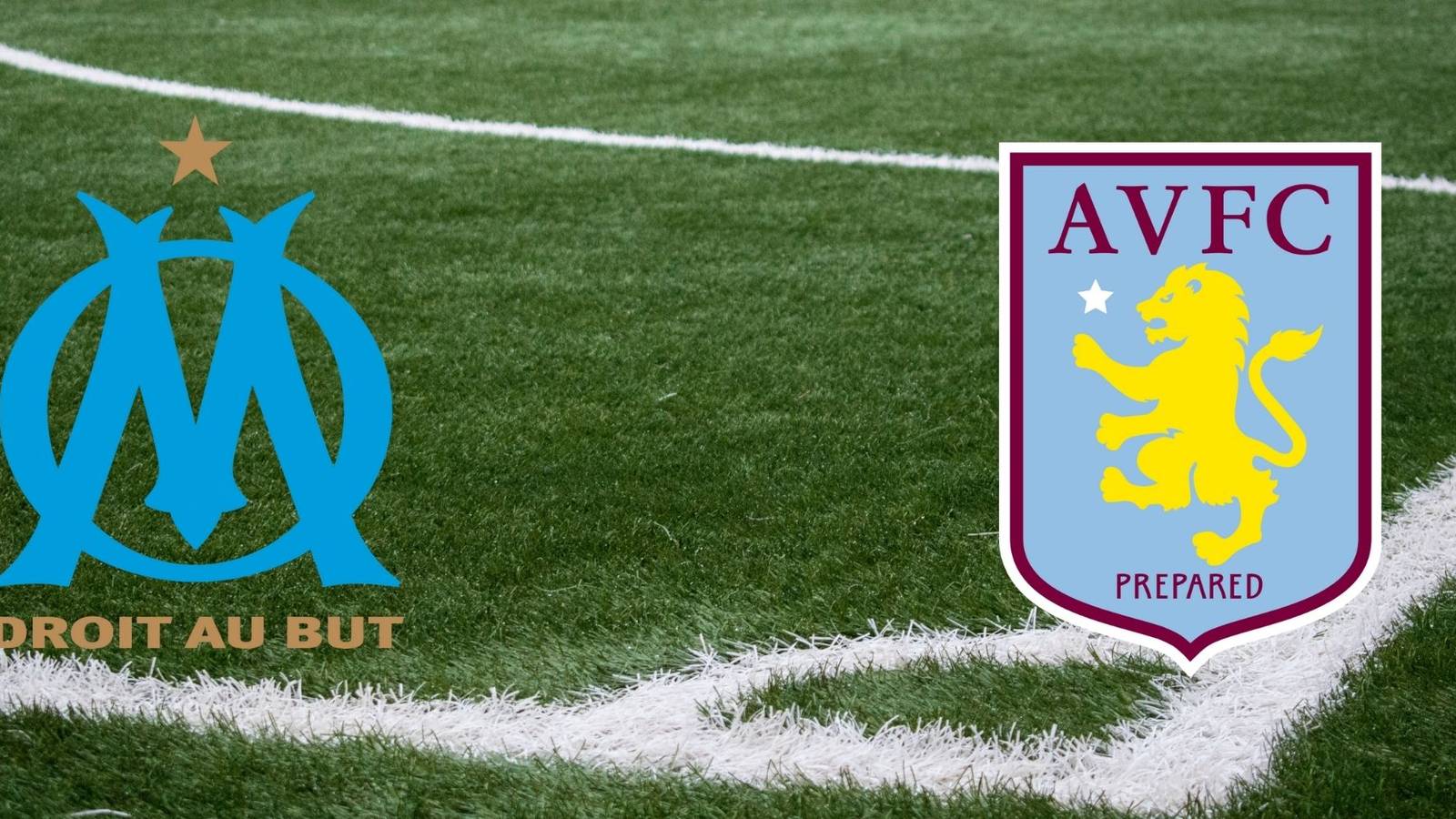 The Aston Villa and Olympique Marseille club badges over a football field background.
