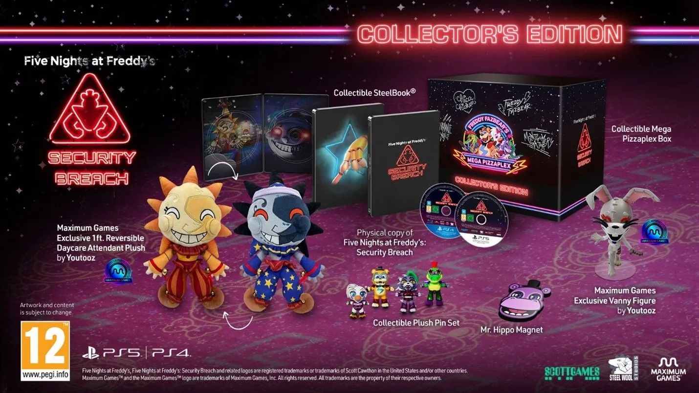 Image showing all the items that come with the Five Nights At Freddy's: Secuity Breach Collector's Edition for PlayStation 4.