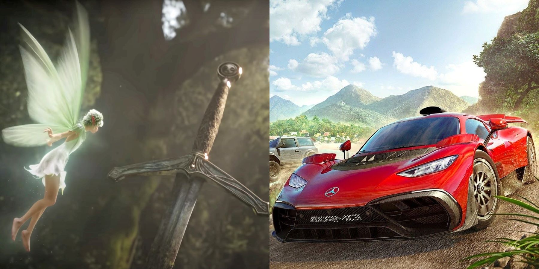 A Fable fairy looking at a sword and a red Mercedes-Benz in Forza Horizon 5