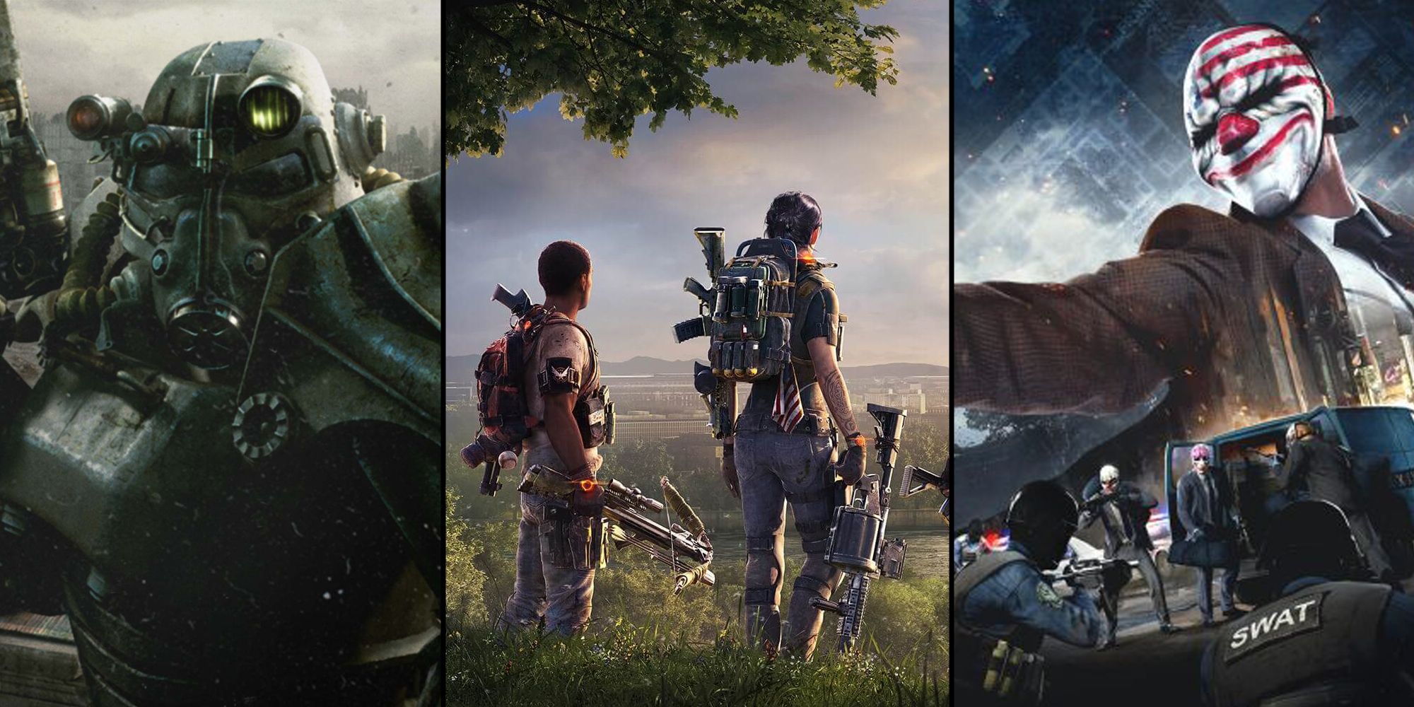 split image of fallout 3 power armor, division 2 sleeper agents, and payday 2 key art