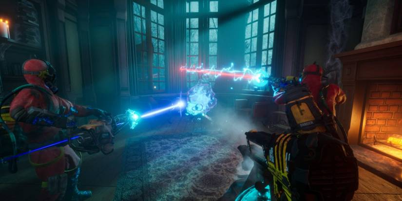 ghost hunters fighting a ghost hiding in a chair in midnight ghost hunt