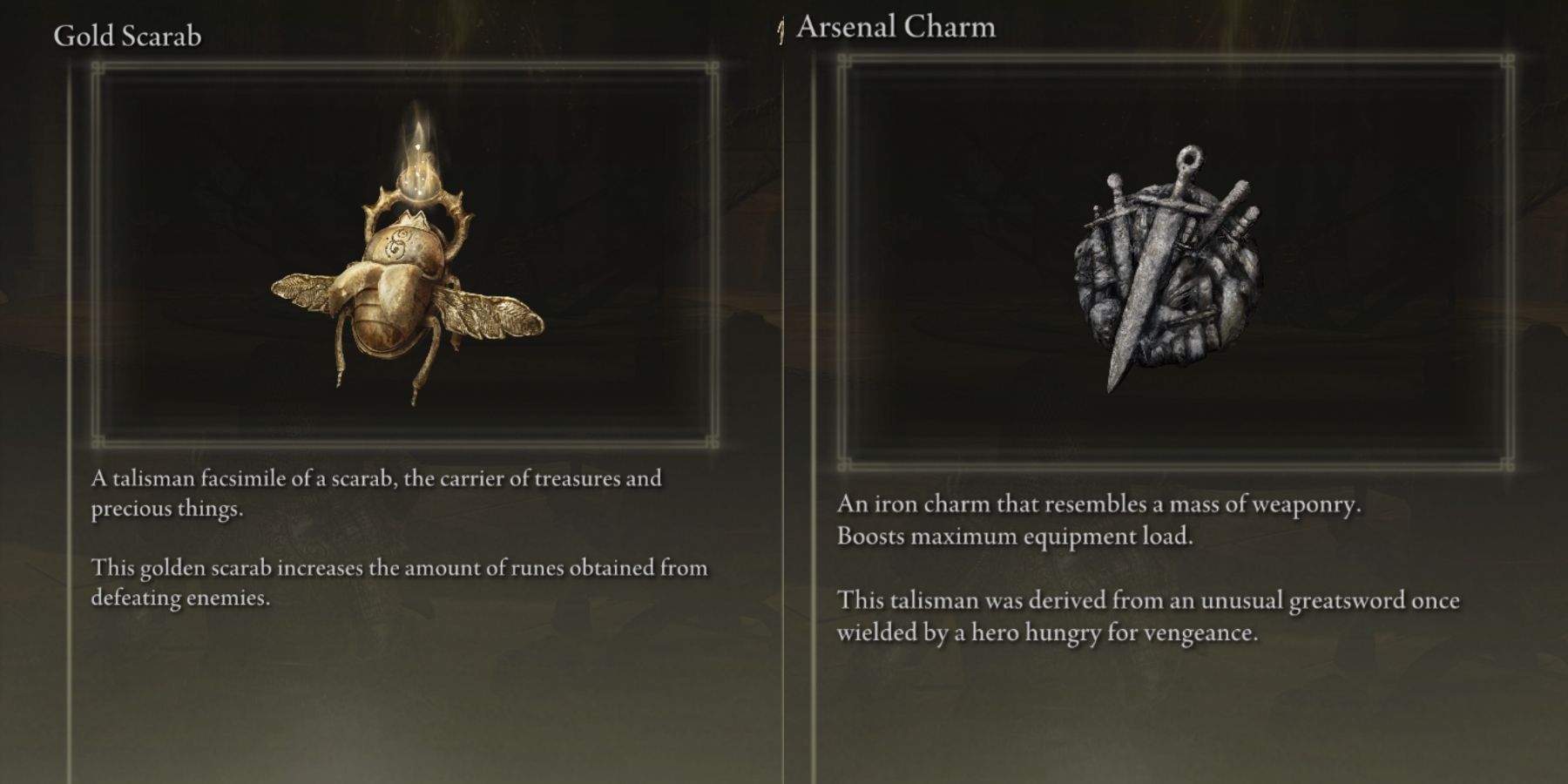gold scarab and arsenal charm talismans in elden ring