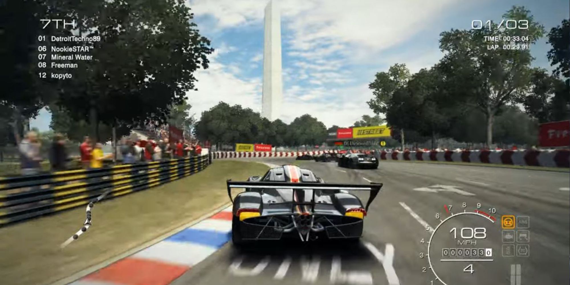 A car in Grid Autosport racing through the streets of Washington D.C.