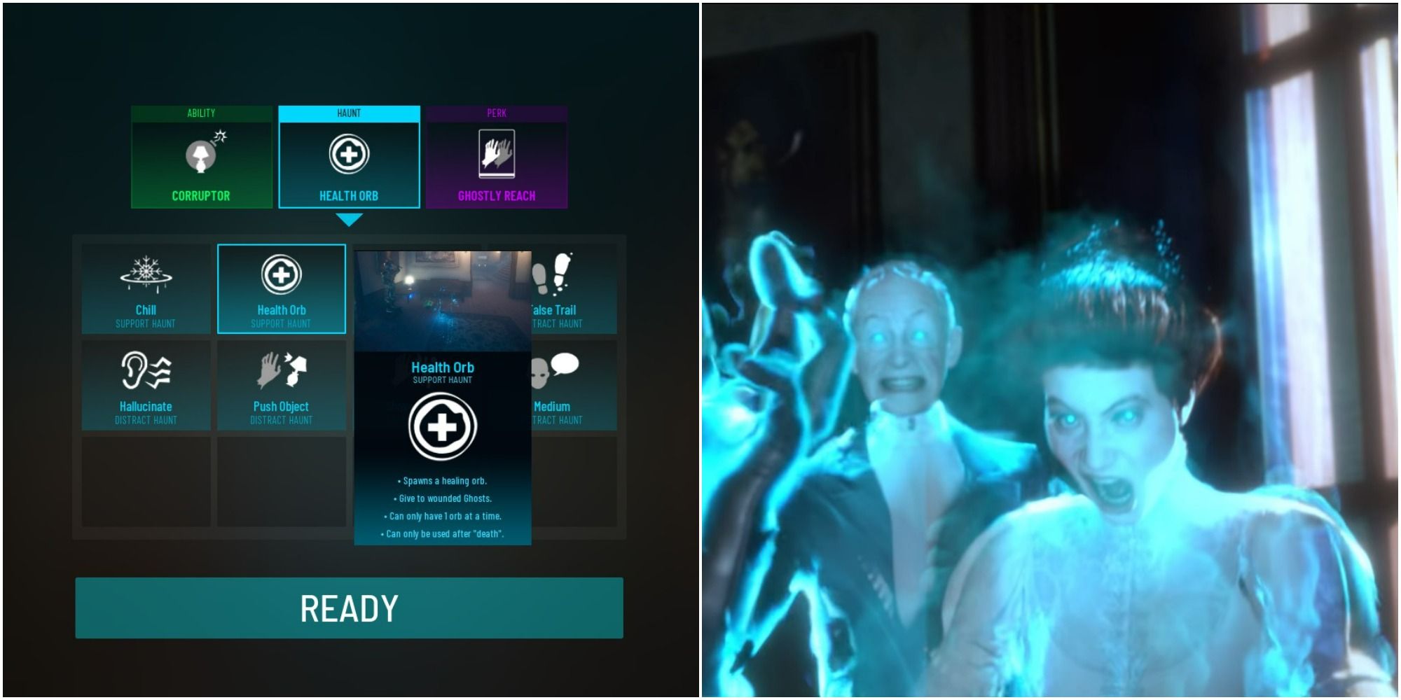 health orb haunt ability and two ghosts looking spooky in midnight ghost hunt