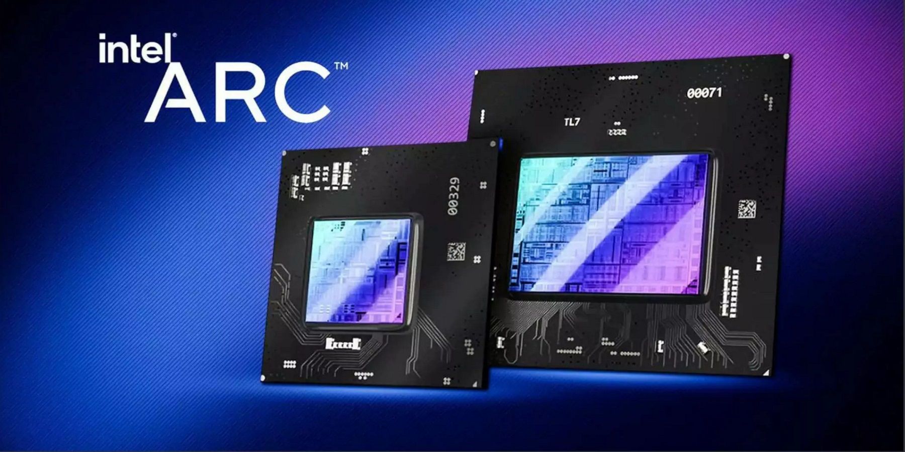 Image showing two Intel Arc graphics chips next to each other on a blue and purple background.