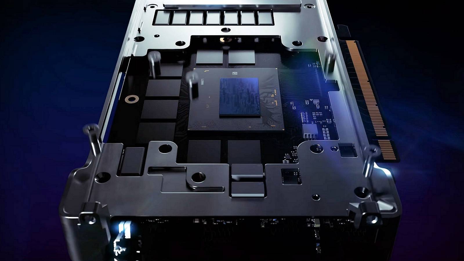 Photo of an Intel Arc desktop GPU.