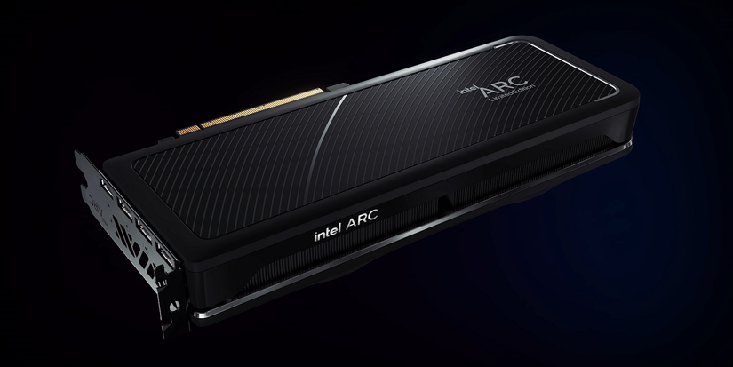 Image of an Intel Arc desktop graphics card.