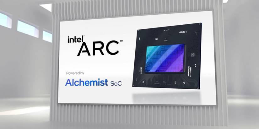 Image showing an Intel Arc chip on a whiteboard with the company logo next to it.