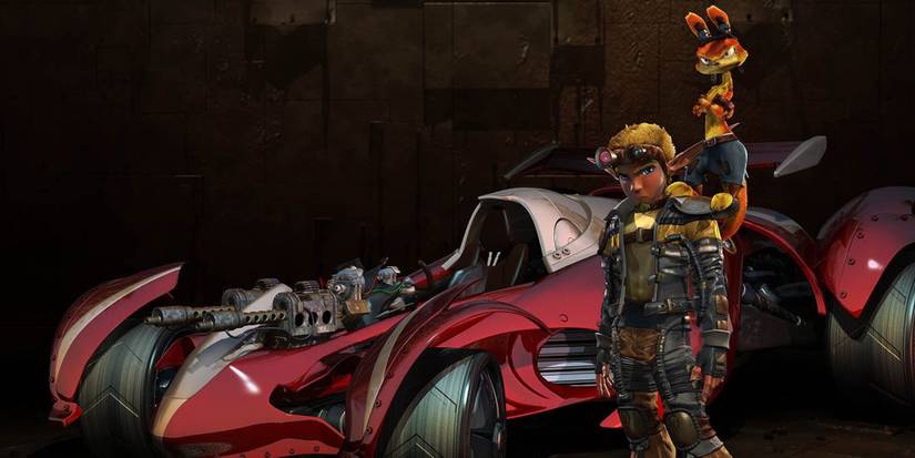 jak x jak and daxter standing infront of a car 