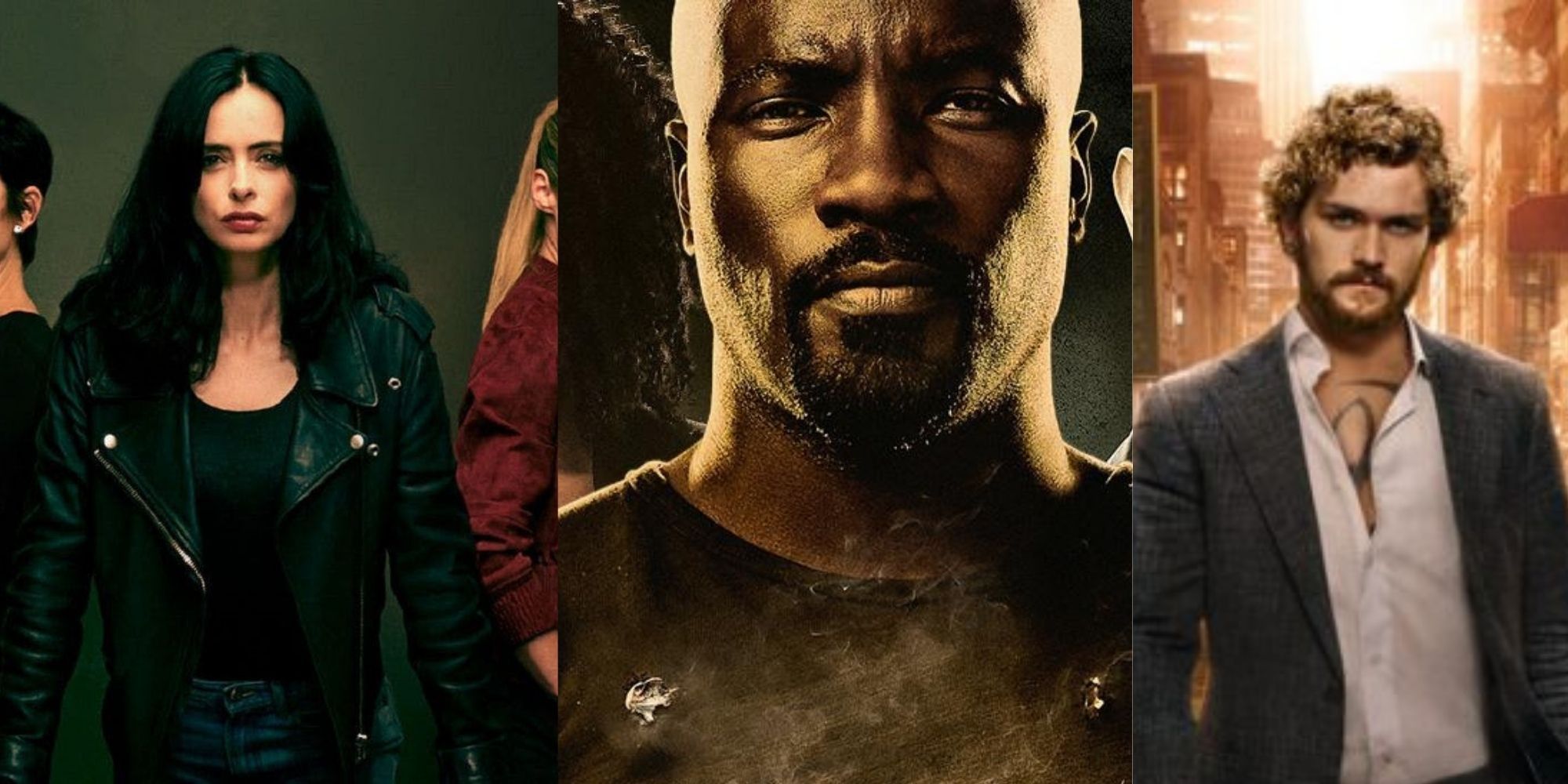 Split image of promotional images for Jessica Jones, Luke Cage, and Iron Fist.