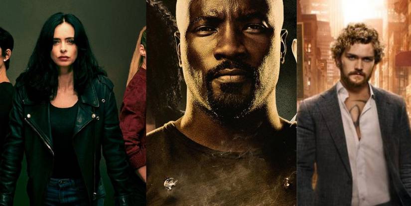 Split image of promotional images for Jessica Jones, Luke Cage, and Iron Fist.