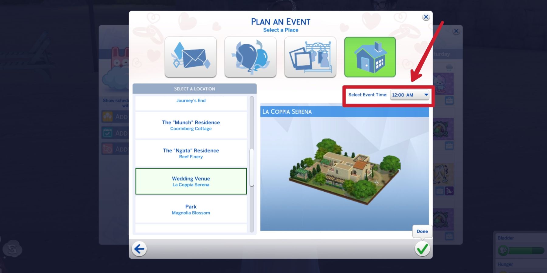 locations available for a family Gathering in the sims 4