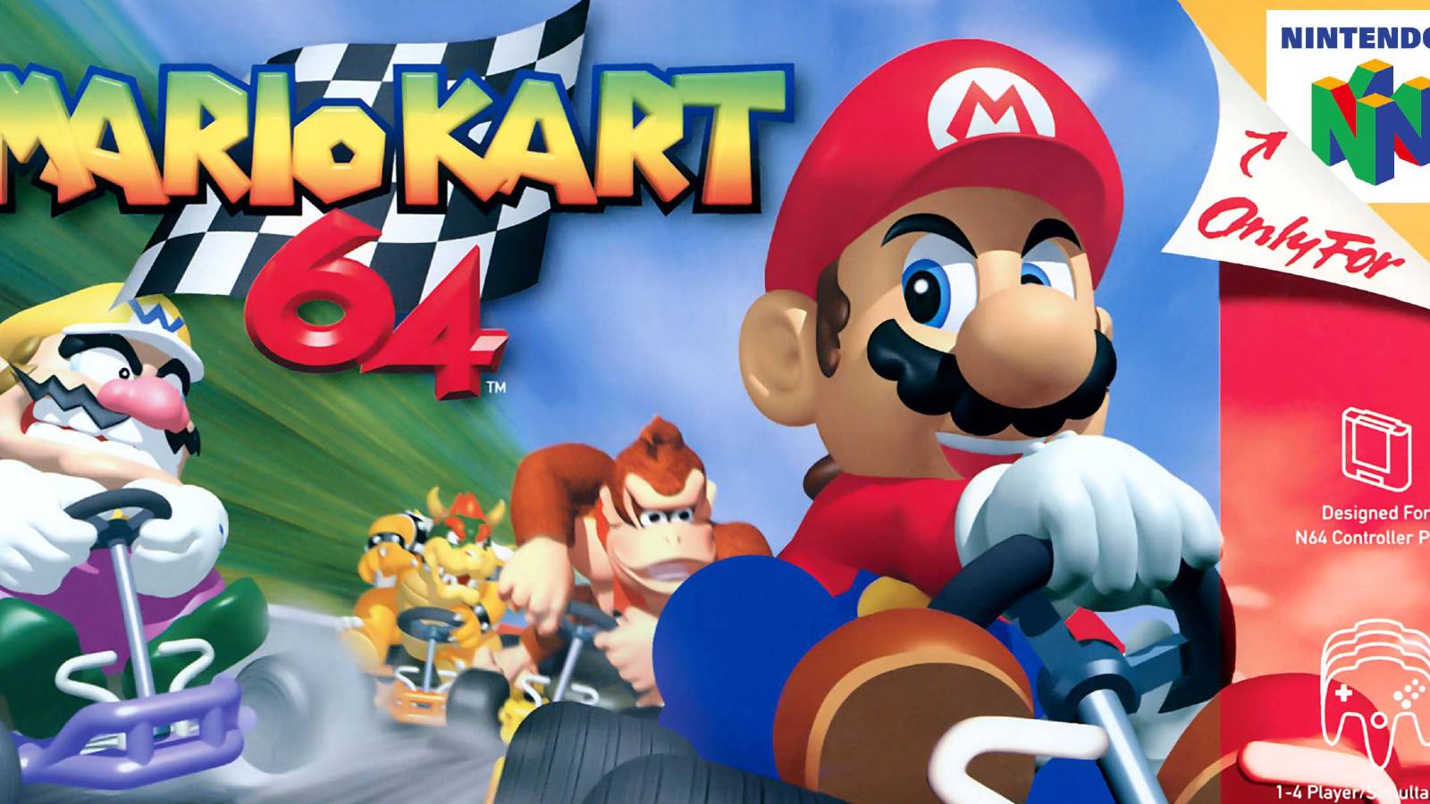 Box art for Mario Kart 64 showing Mario and other characters racing each other.