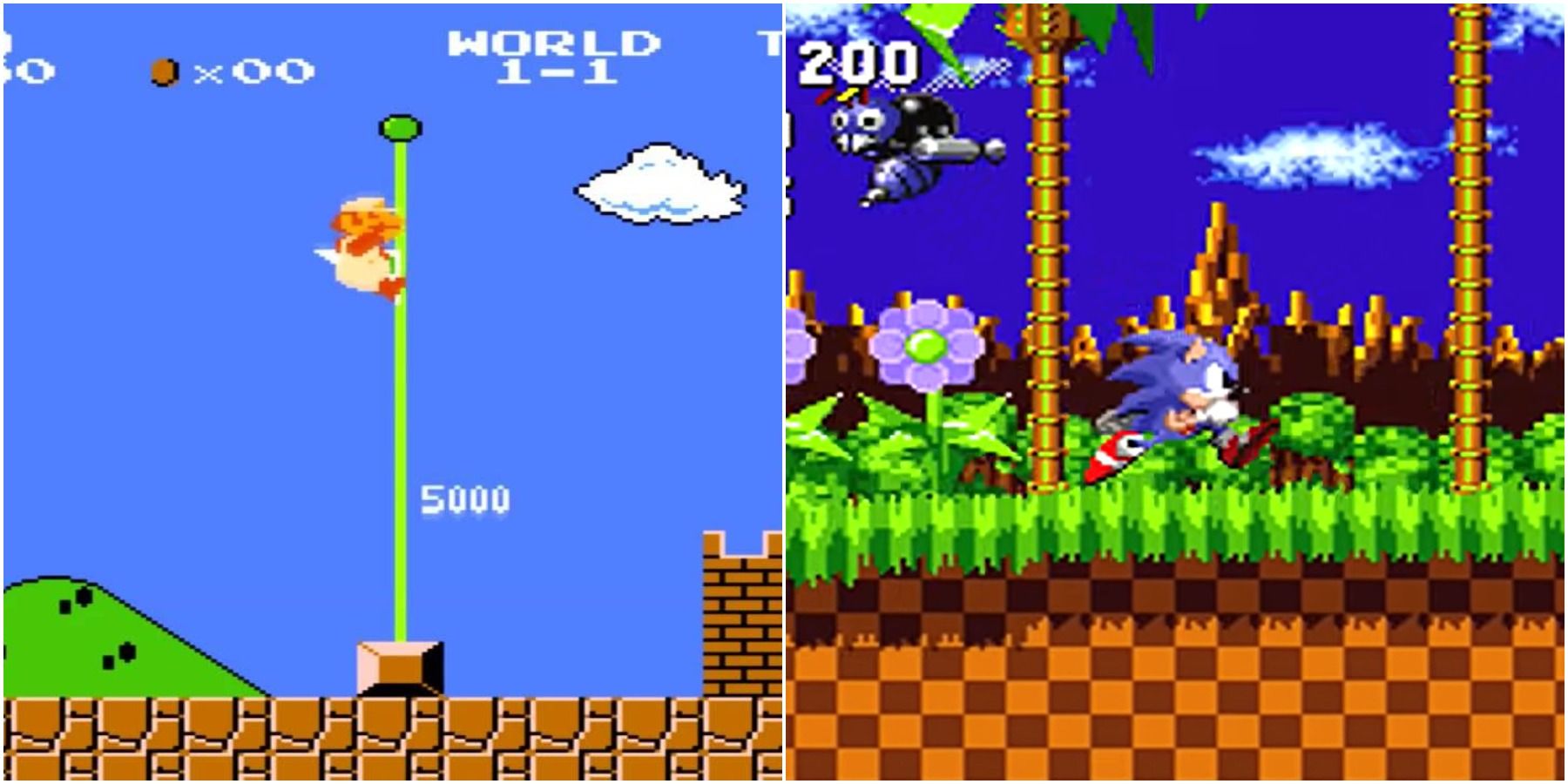 (Left) Mario on a flag (Right) Sonic running