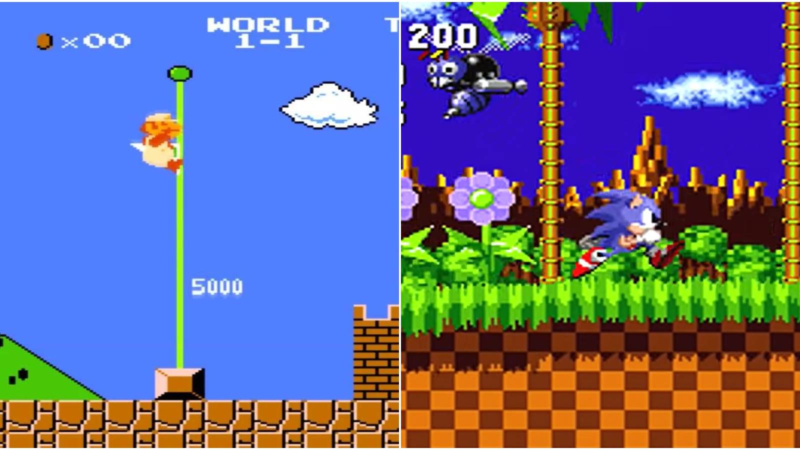 (Left) Mario on a flag (Right) Sonic running