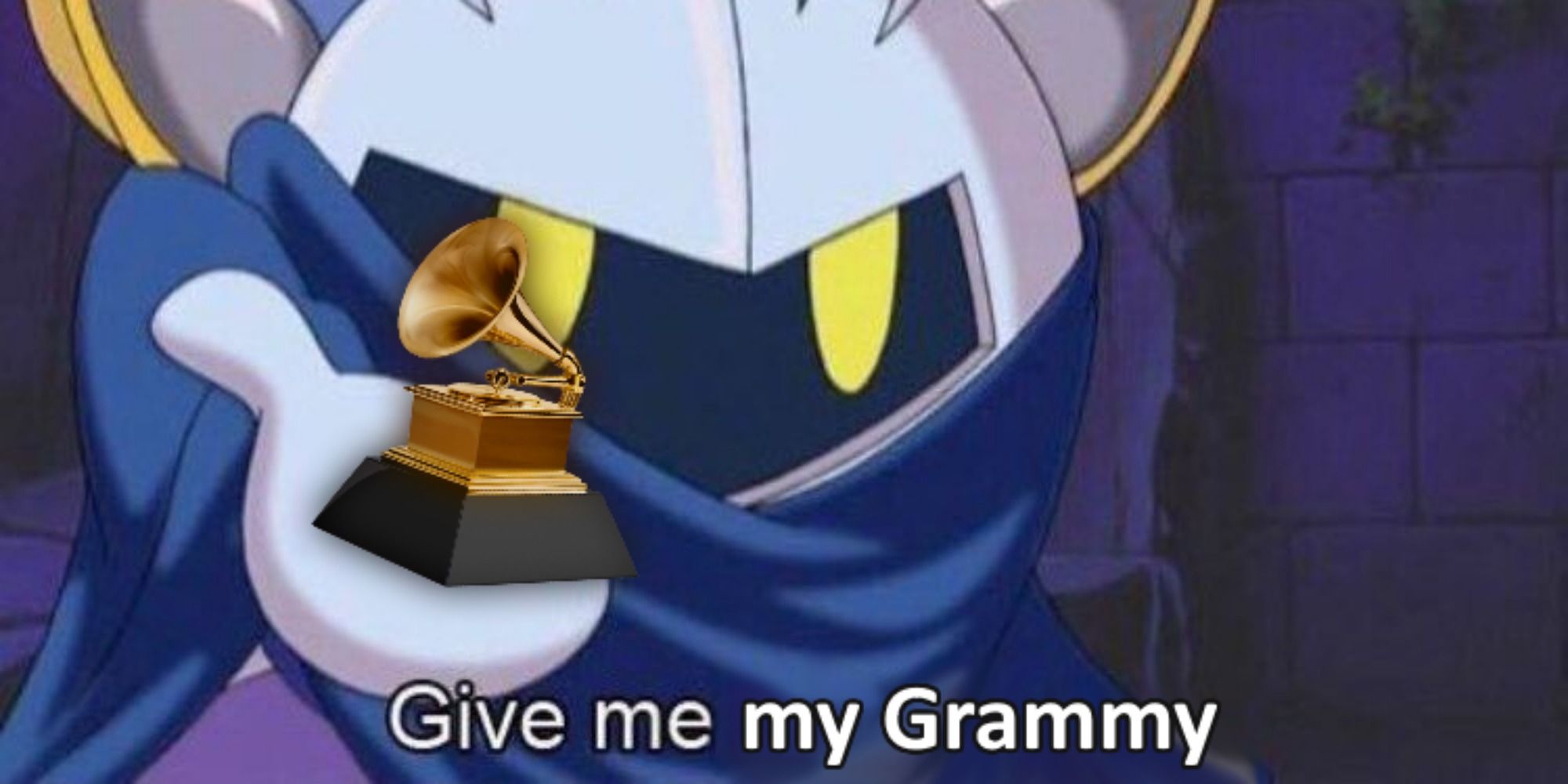 Meta Knight holds a Grammy in his right palm. The caption reads: "Give me my Grammy."