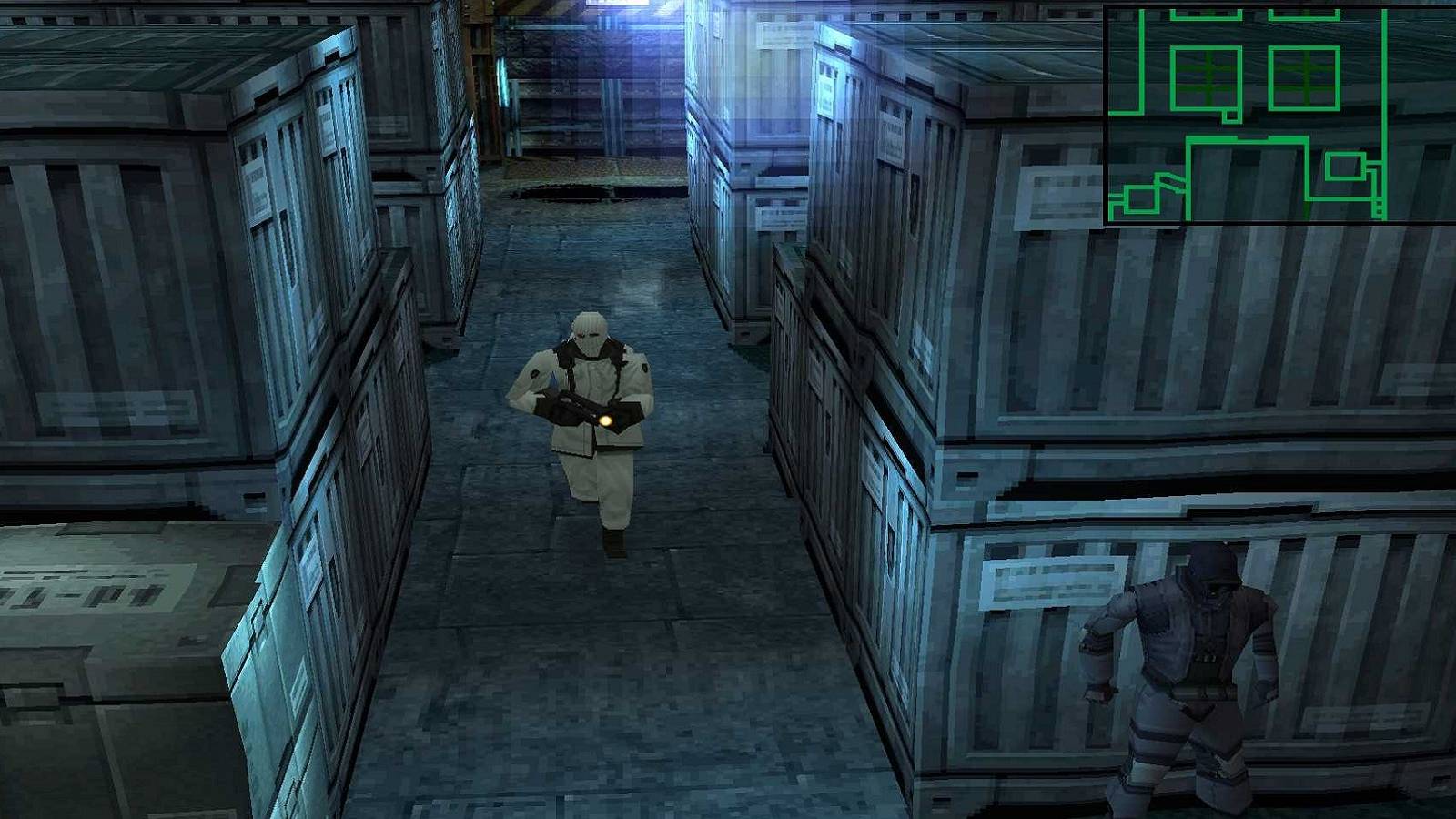 Image from Metal Gear Solid showing Snake hiding from an enemy.