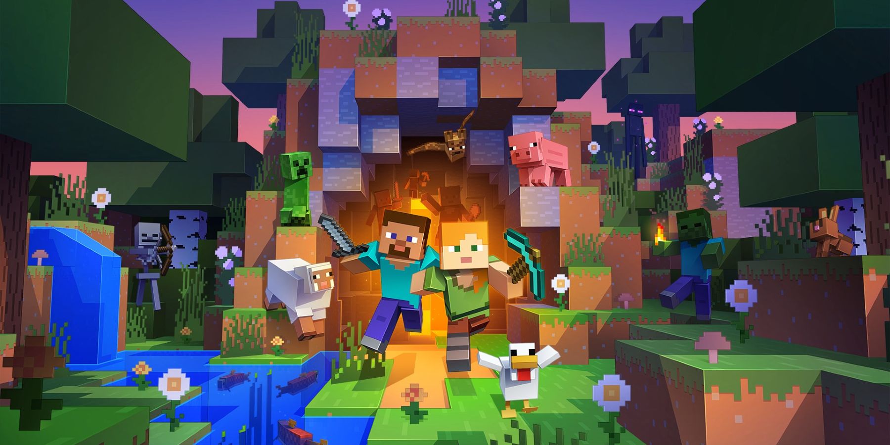 Изображение из Minecraft, показывающее несколько персонажей, выходящих из открытой пещеры.