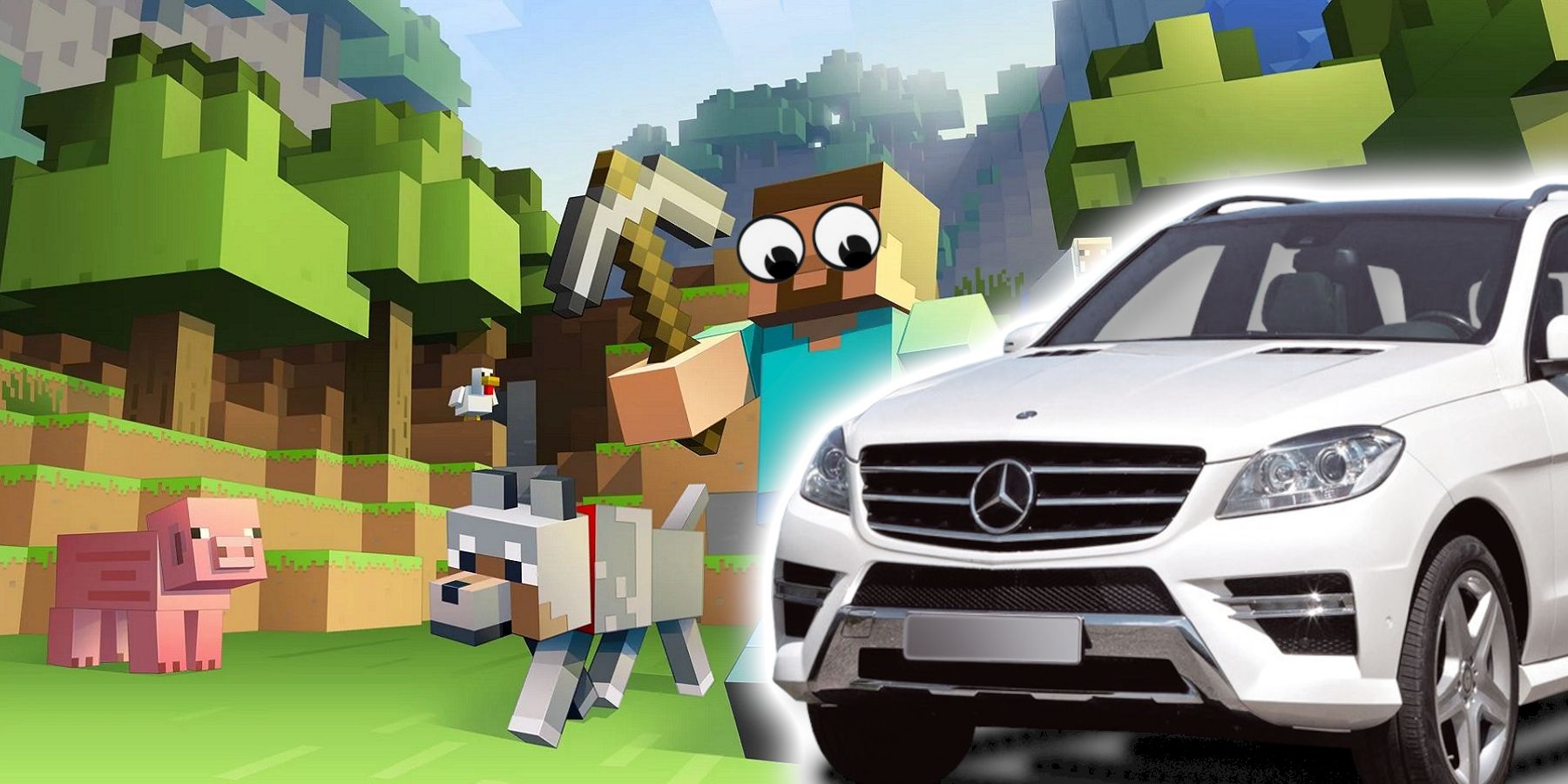 An image from Minecraft showing Steve looking at a white car.