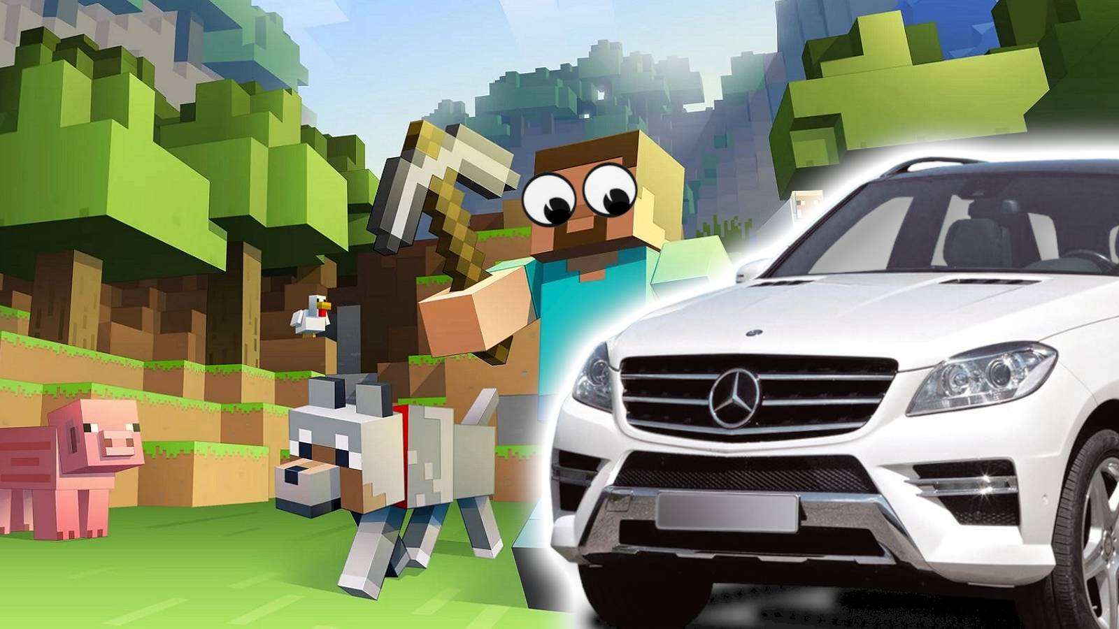 An image from Minecraft showing Steve looking at a white car.