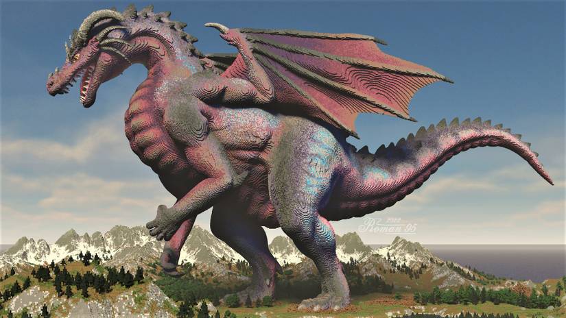 Image from Minecraft showing an incredibly detailed and huge dragon built in-game.