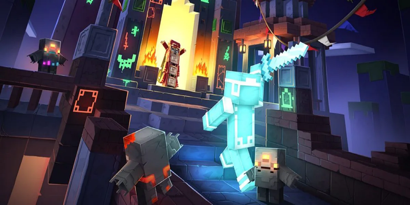 minecraft dungeons armored character wielding sword approaching throne and wizard