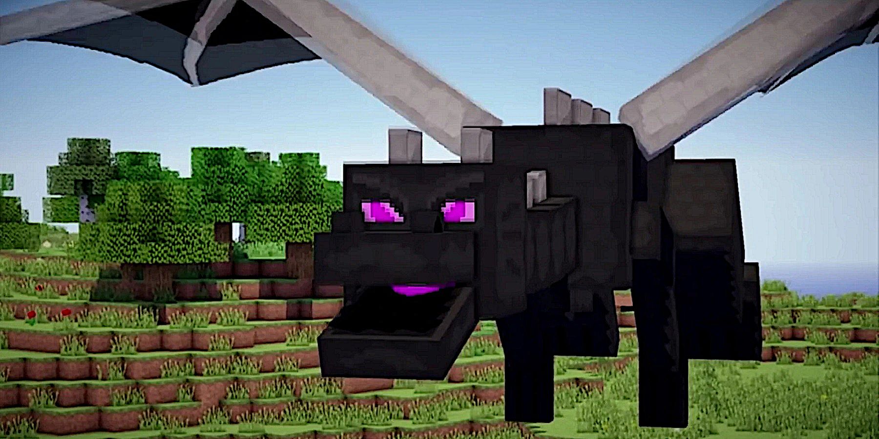 Image from Minecraft showing a close-up of the Ender Dragon flying in the overworld.