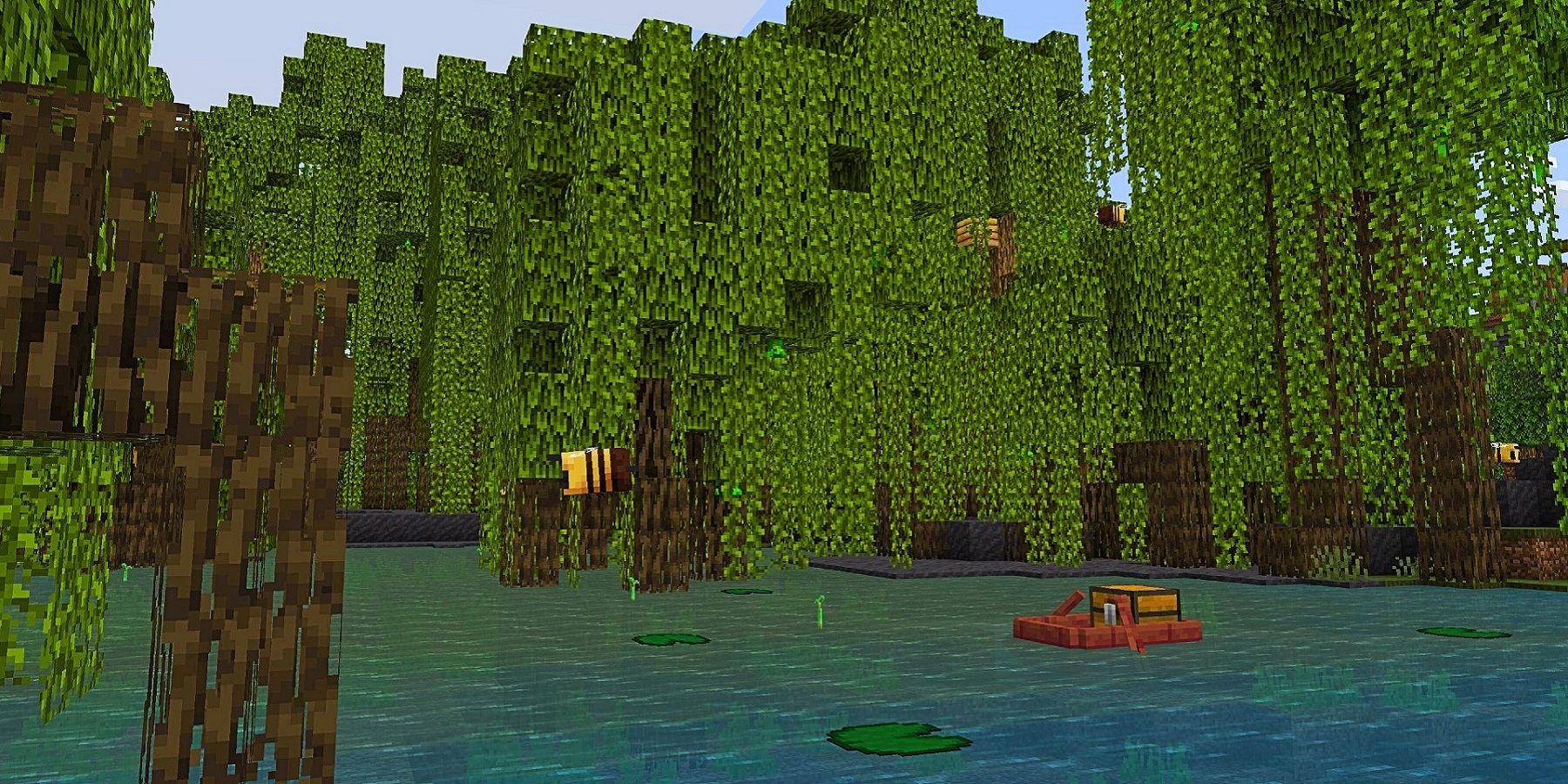 Imagen de Minecraft que muestra un intercambio con árboles de manglar.