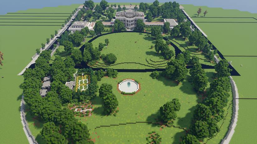 Image from Minecraft showing the White House and the lawn at the front.