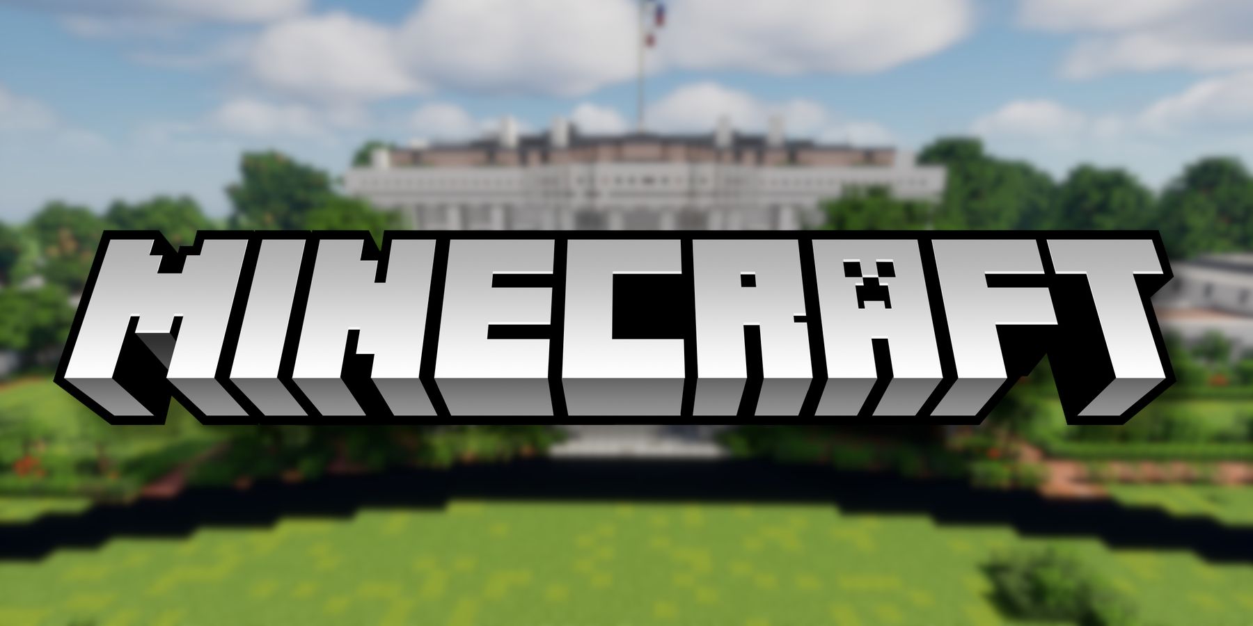 The Minecraft logo with a blurry White House behind it.