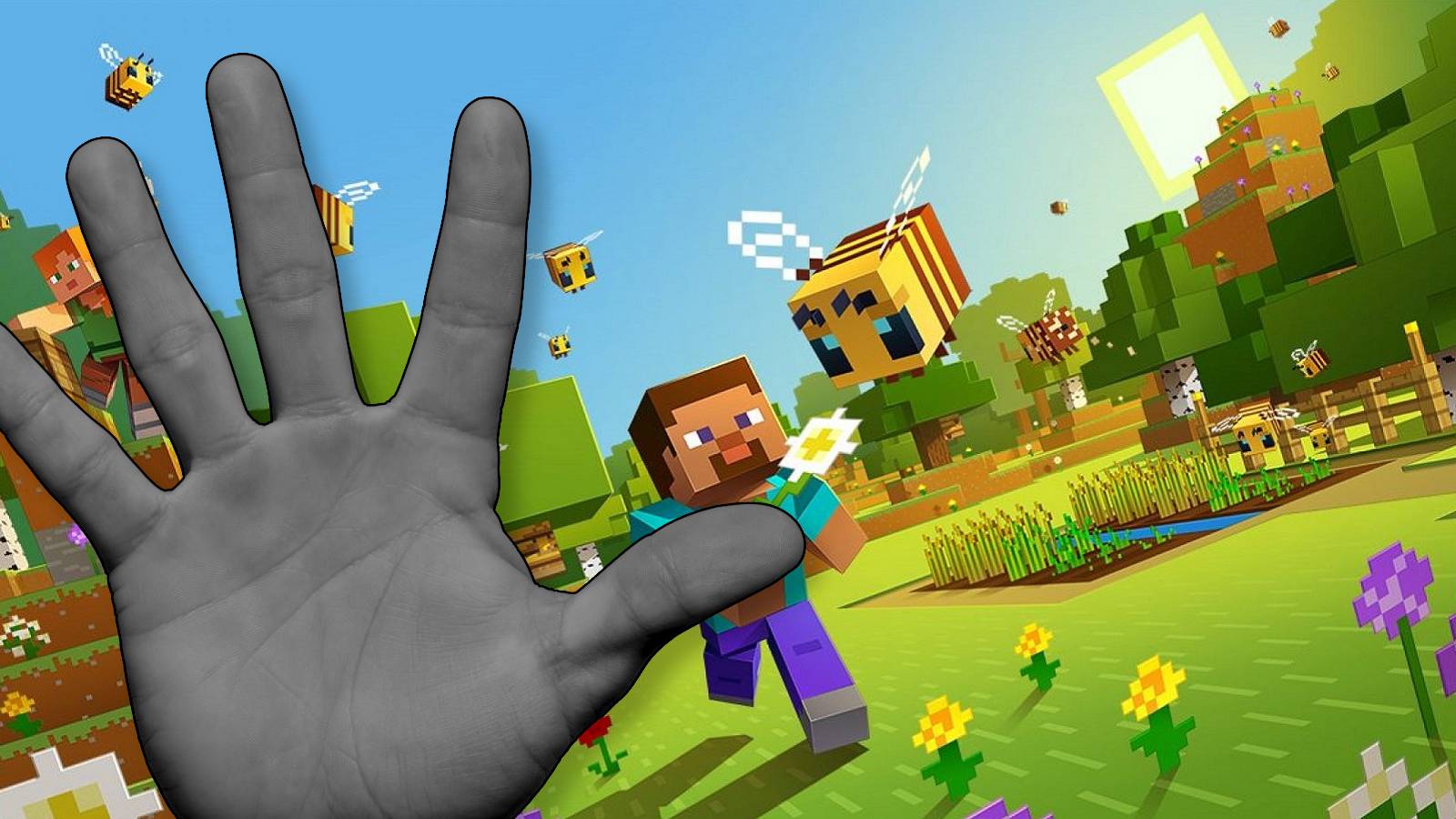 Image showing Minecraft Steve running through a field with a giant gray hand in the foreground.