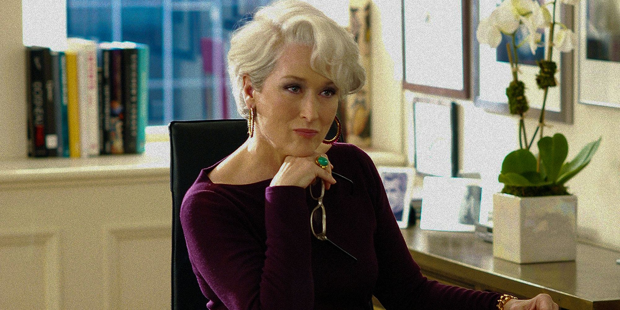 magazine editor miranda priestly sits in her office 