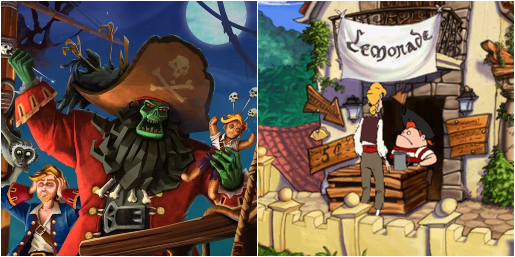 (Left) Cover art for Monkey Island 2 (Right) Guybrush at a Lemonade stand